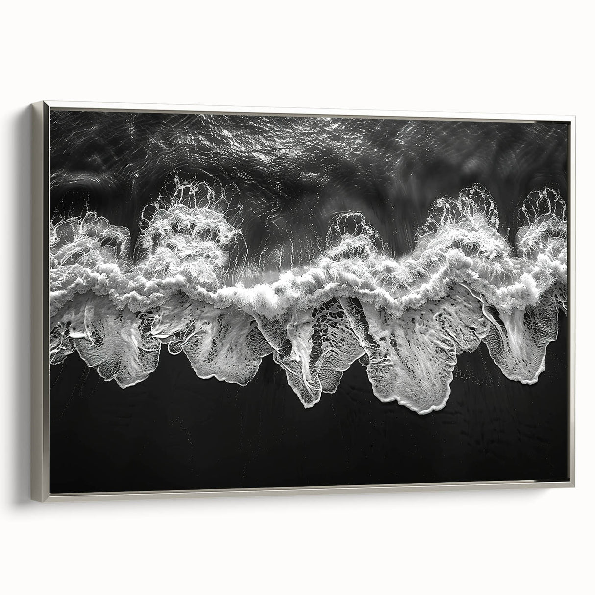 Framed canvas wall art from the Landscapes & Seascapes collection, showcasing a serene ocean view with gentle waves, set in a sleek silver frame. Perfect for enhancing living space decor.