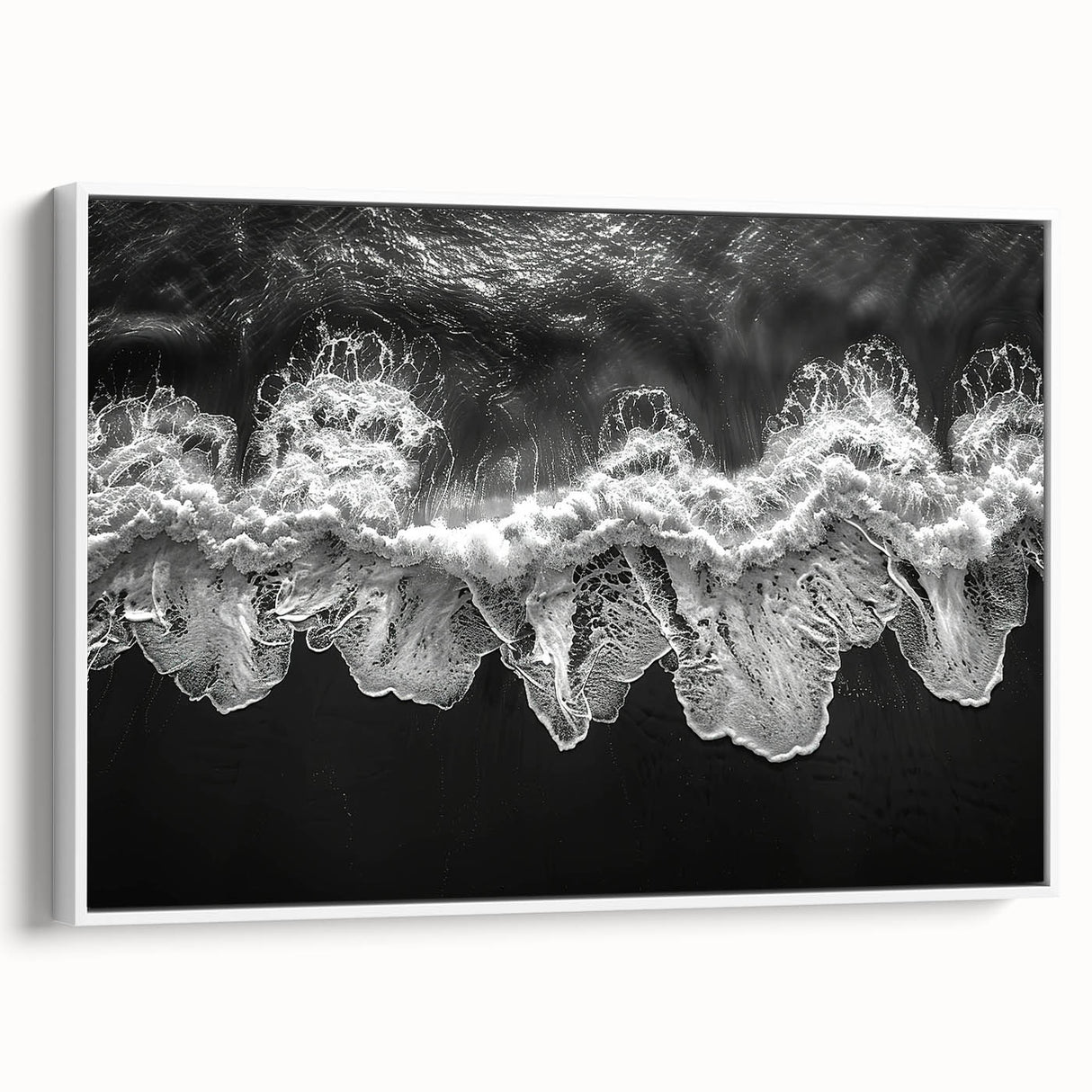 Framed canvas wall art from the Landscapes & Seascapes collection featuring serene ocean waves and a calming blue color palette, displayed in a stylish white frame.