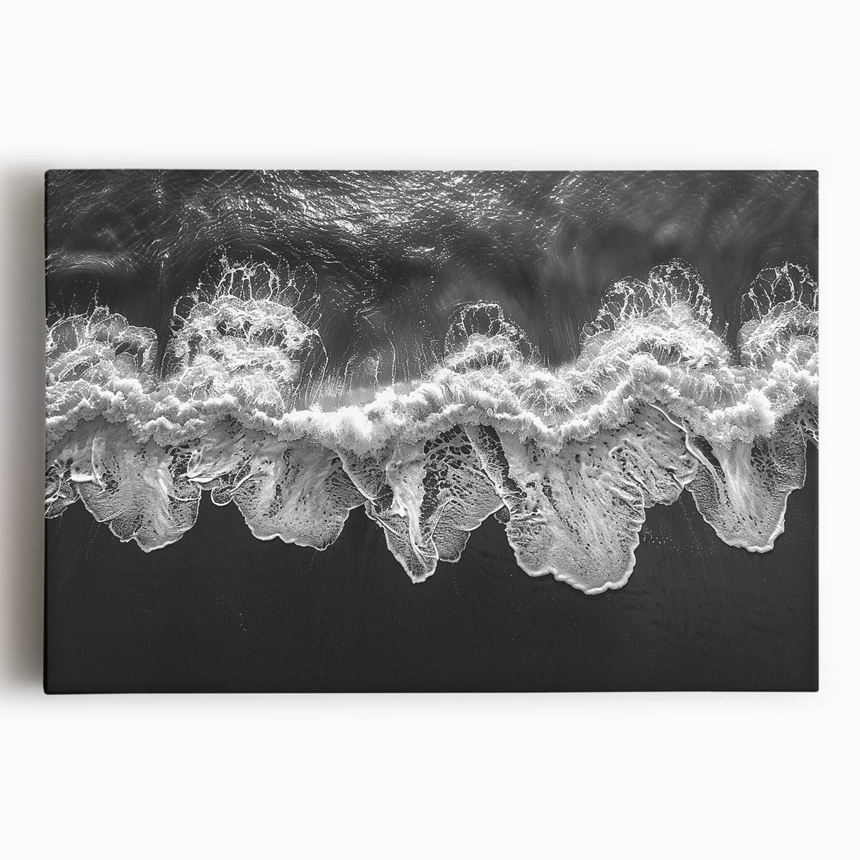 Stretched canvas wall art showcasing a vibrant seascape design with rich blues and whites, perfect for coastal home decor. Ideal for adding a serene touch to any room.