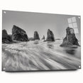 Acrylic glass wall art collection showcasing a vibrant seascape design, displayed from the side with visible pins, perfect for modern decor enthusiasts.