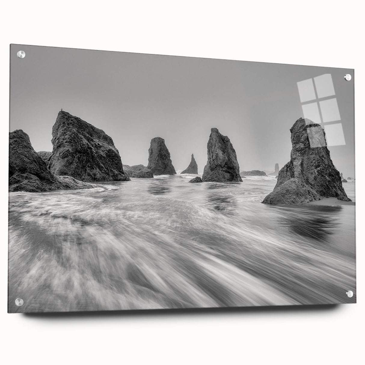 Acrylic glass wall art collection showcasing a vibrant seascape design, displayed from the side with visible pins, perfect for modern decor enthusiasts.