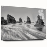 Acrylic glass wall art collection showcasing a vibrant seascape design, displayed from the side with visible pins, perfect for modern decor enthusiasts.