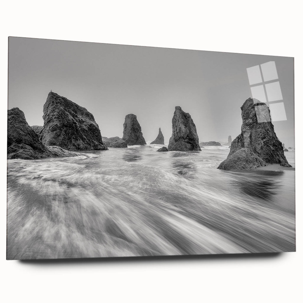 Acrylic glass wall art featuring a serene seascape design with vibrant blues and greens, showcased from a side view, ideal for modern home decor.