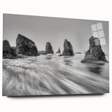 Acrylic glass wall art featuring a serene seascape design with vibrant blues and greens, showcased from a side view, ideal for modern home decor.