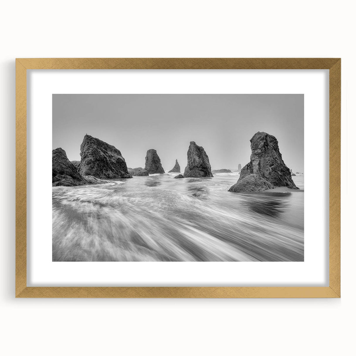 Elegant gold-framed wall art featuring a serene seascape design, showcasing calming ocean waves and a soft color palette, perfect for enhancing modern home decor.