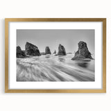 Elegant gold-framed wall art featuring a serene seascape design, showcasing calming ocean waves and a soft color palette, perfect for enhancing modern home decor.