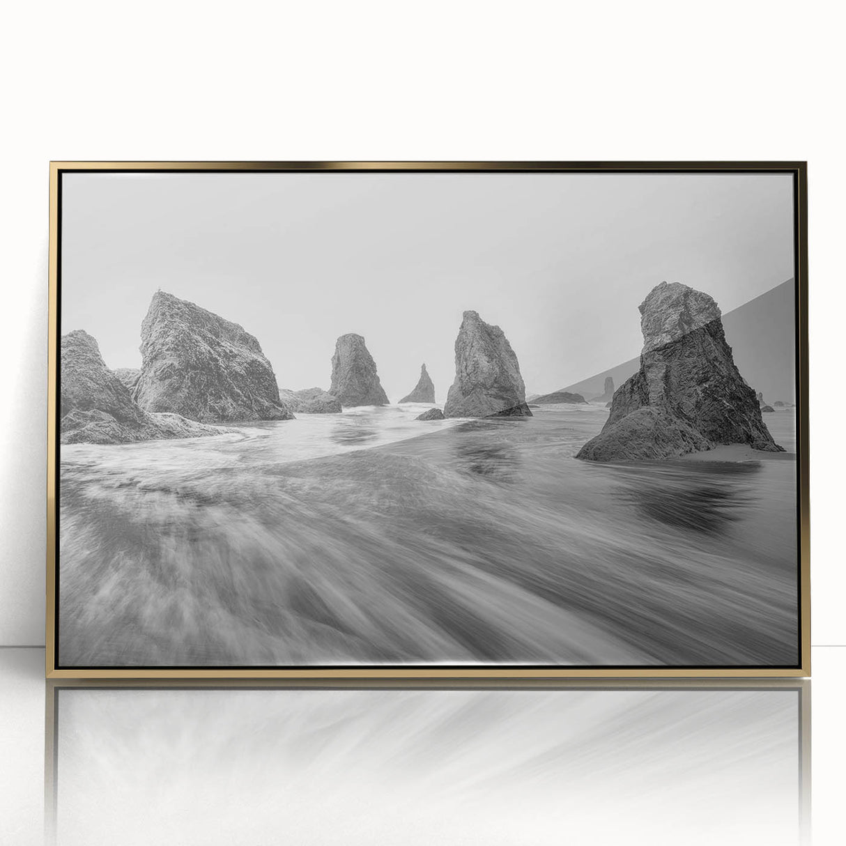 Framed wall art showcasing a stunning seascape design with gold accents, perfect for modern decor. This acrylic piece adds elegance to any interior space.