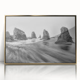 Framed wall art showcasing a stunning seascape design with gold accents, perfect for modern decor. This acrylic piece adds elegance to any interior space.