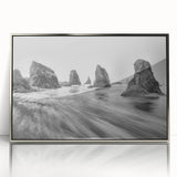Framed wall art from the Landscapes & Seascapes collection, showcasing a tranquil ocean view with silver accents, ideal for modern home decor.