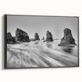 Framed canvas wall art from the Landscapes & Seascapes Design collection, showcasing a serene coastal view with vibrant colors and a sleek black frame, perfect for home decor.