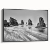 Framed canvas wall art from the Landscapes & Seascapes Design collection, showcasing a serene coastal view with vibrant colors and a sleek black frame, perfect for home decor.