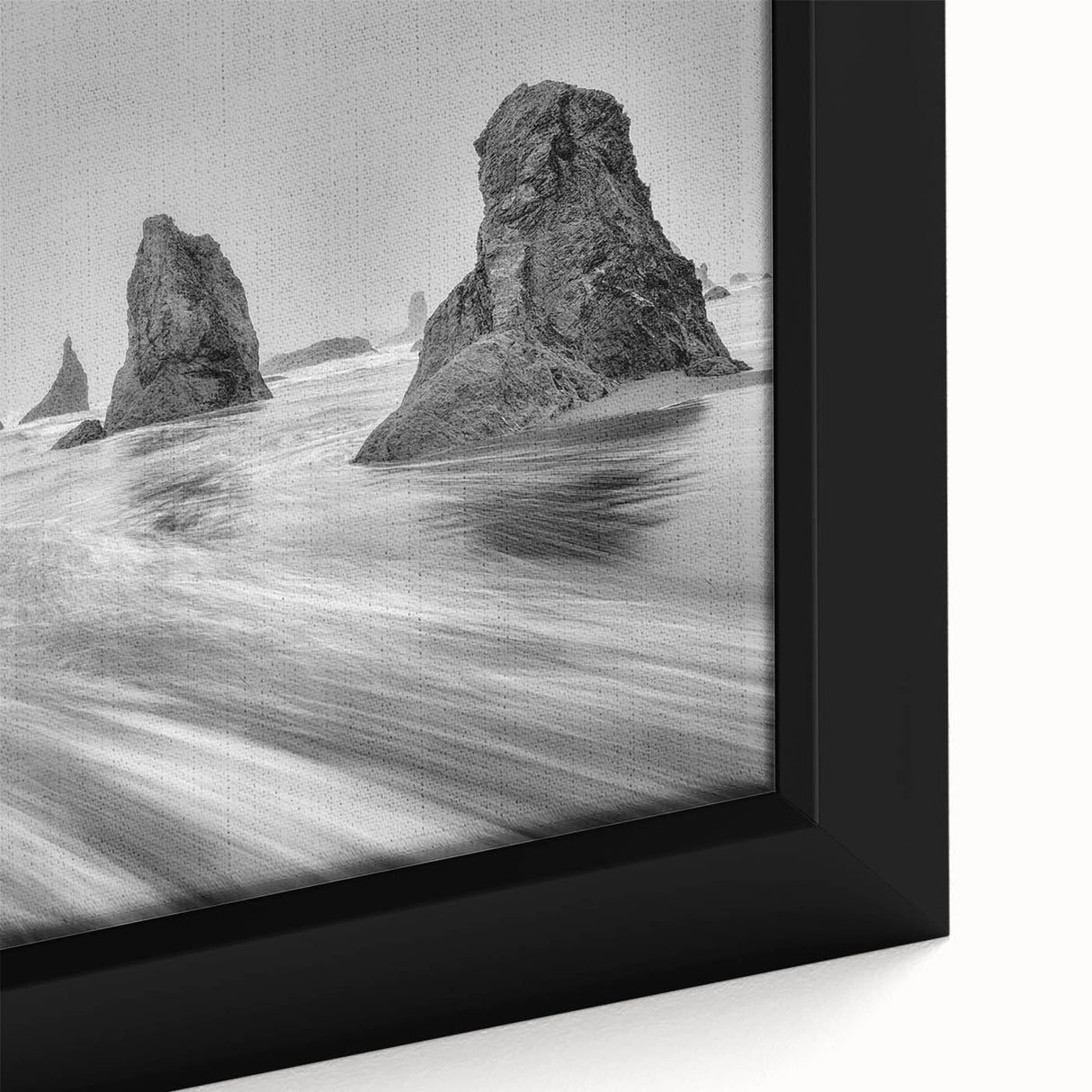 Close-up of a framed canvas wall art piece showcasing a vibrant seascape design with rich blues and greens, adding a serene coastal vibe to any space.