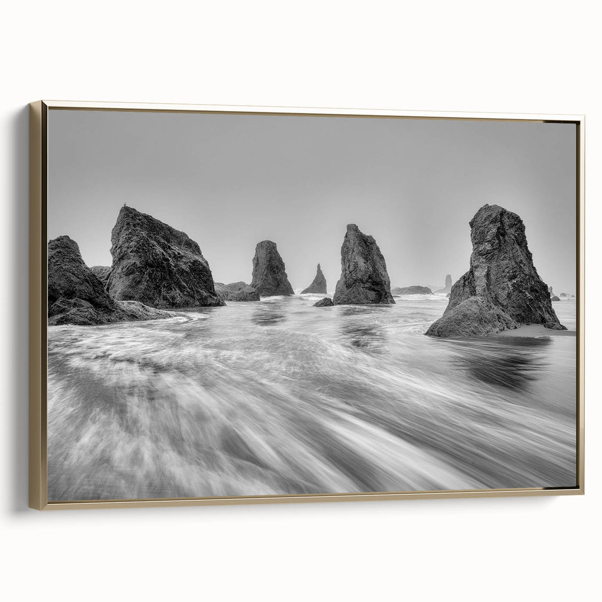 Framed canvas wall art collection showcasing a serene seascape design with golden accents, perfect for coastal-themed home decor. The artwork captures tranquil ocean waves and a beautiful horizon, enhancing any living space with elegance and calmness.