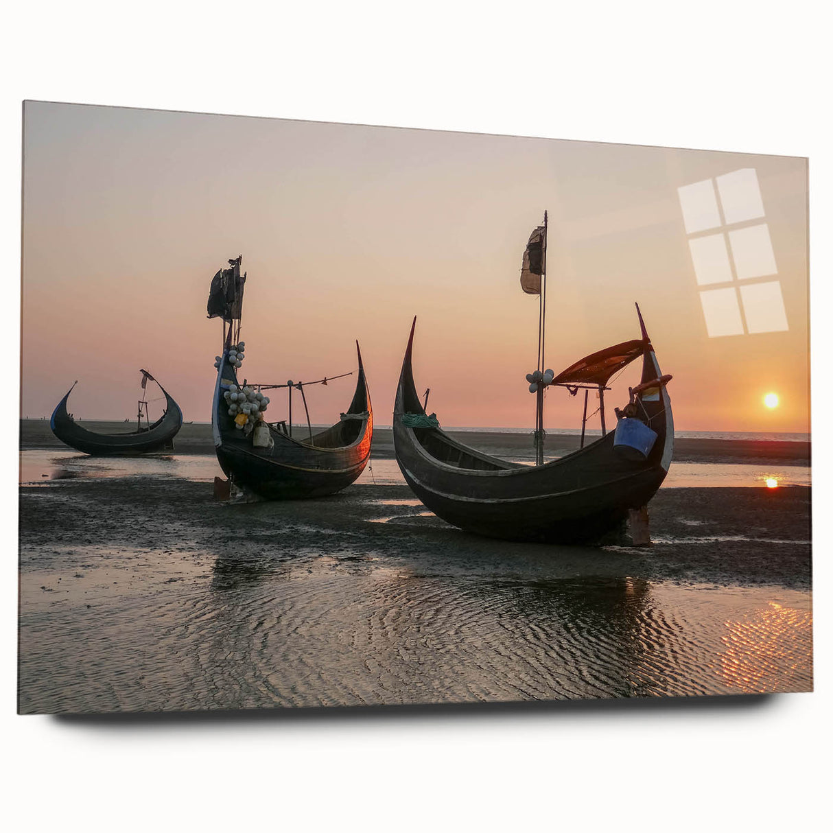Acrylic glass wall art collection showcasing a vibrant seascape design, presented in a side view without pins, highlighting vivid colors and intricate details. Perfect for modern decor.