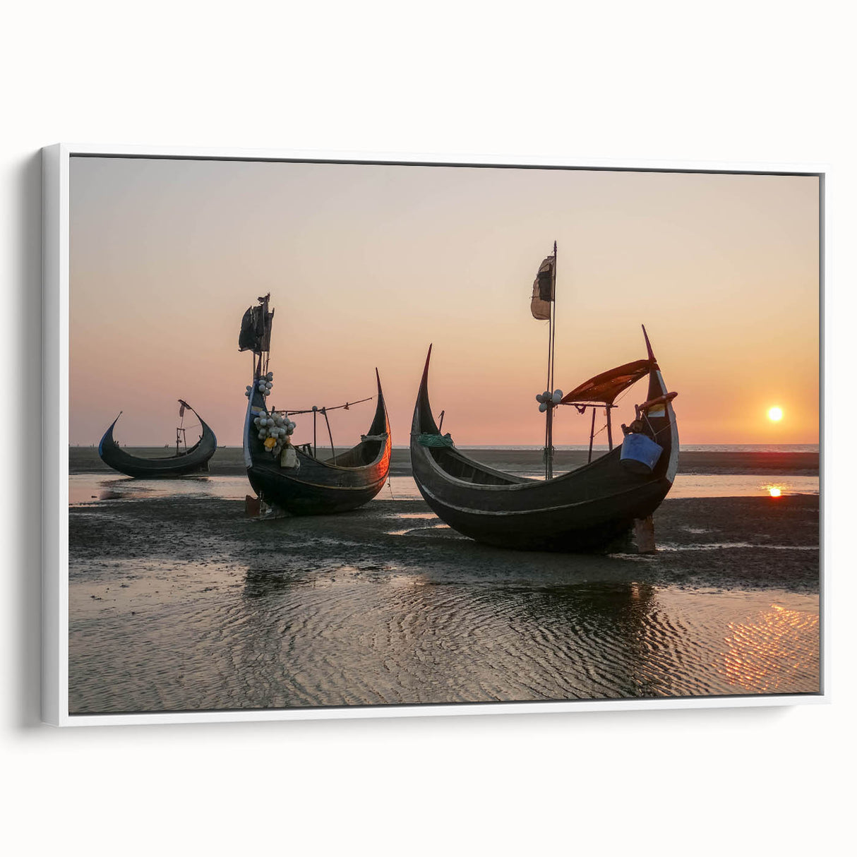 Framed white canvas wall art showcasing a serene seascape design, featuring soft blues and greens, perfect for coastal decor and enhancing living spaces.
