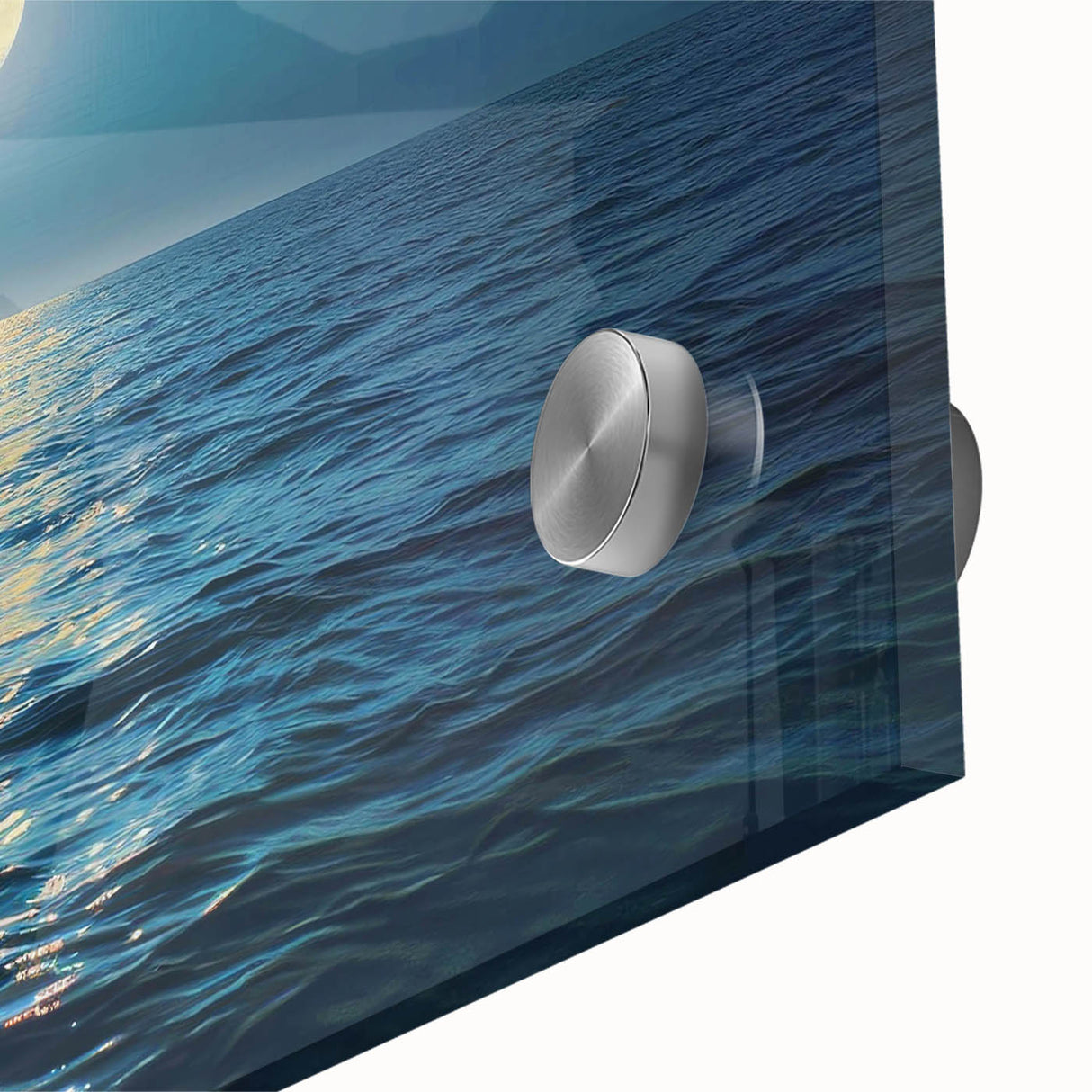 Close-up of a vibrant acrylic glass wall art collection showcasing a seascape design, featuring rich blues and greens, perfect for coastal home decor.