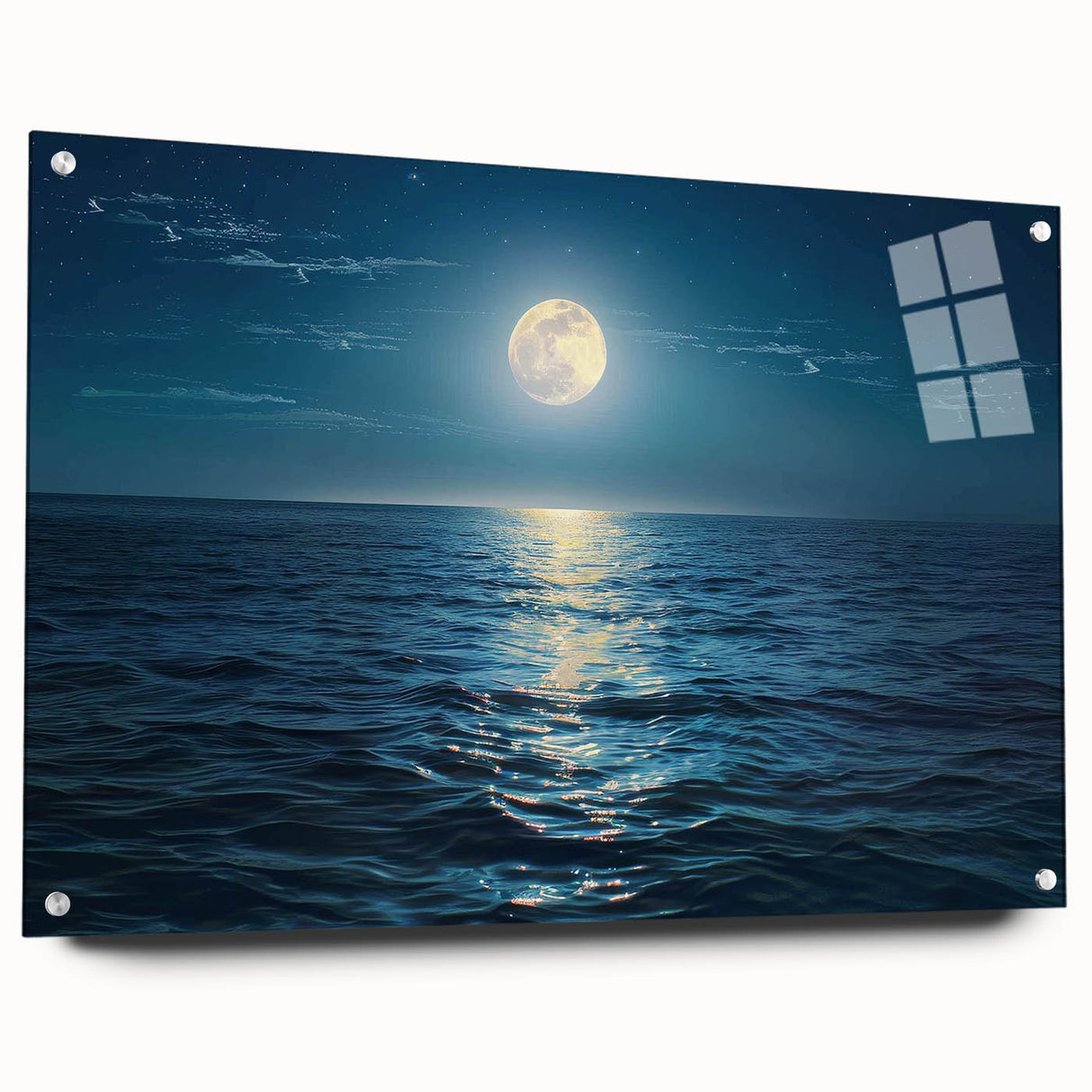 Acrylic glass wall art collection displaying a vibrant seascape design, showcasing a side view with clear pins for mounting, perfect for coastal-themed decor.