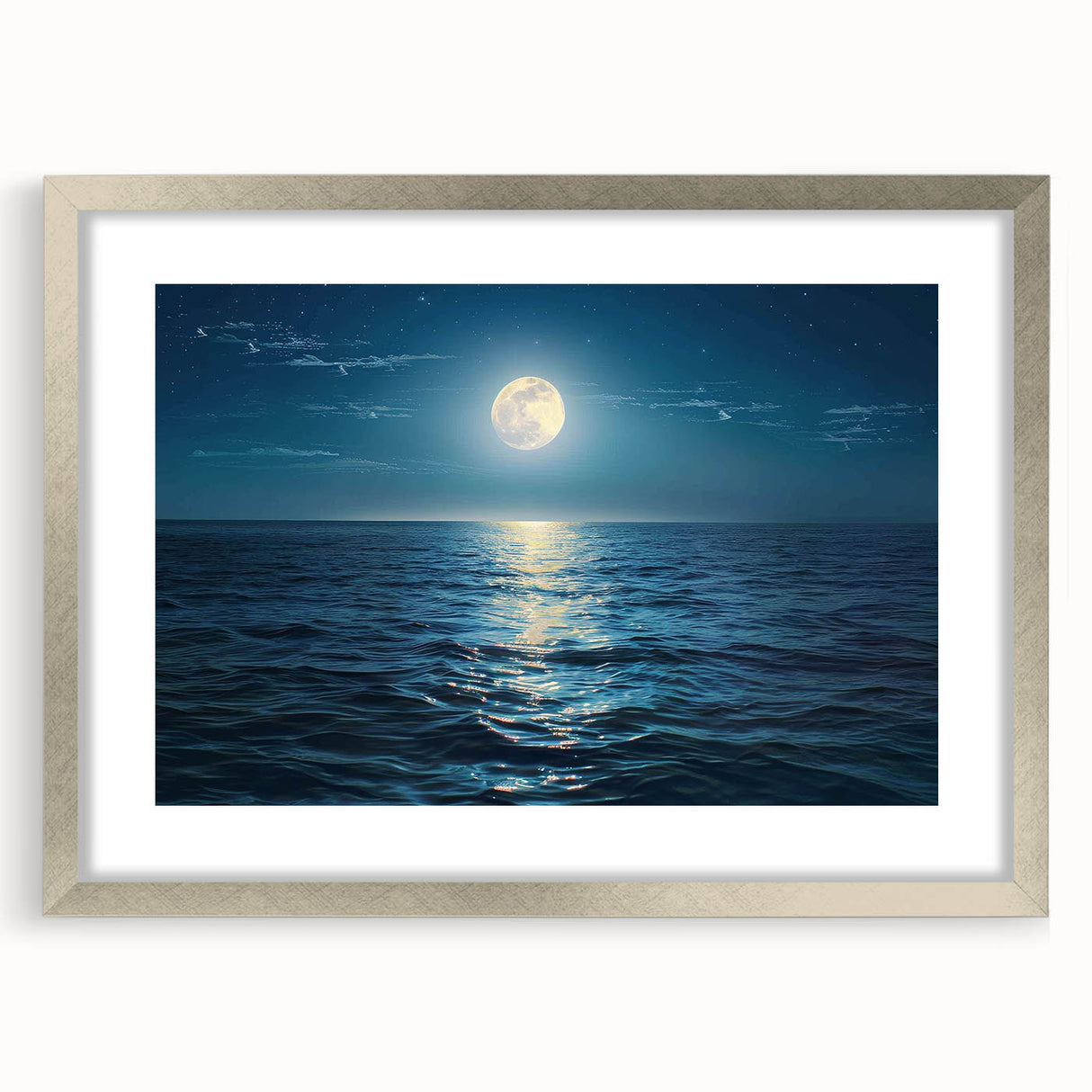 Framed wall art collection featuring serene seascapes and landscapes in a sleek silver frame with a mat, ideal for modern home decor.