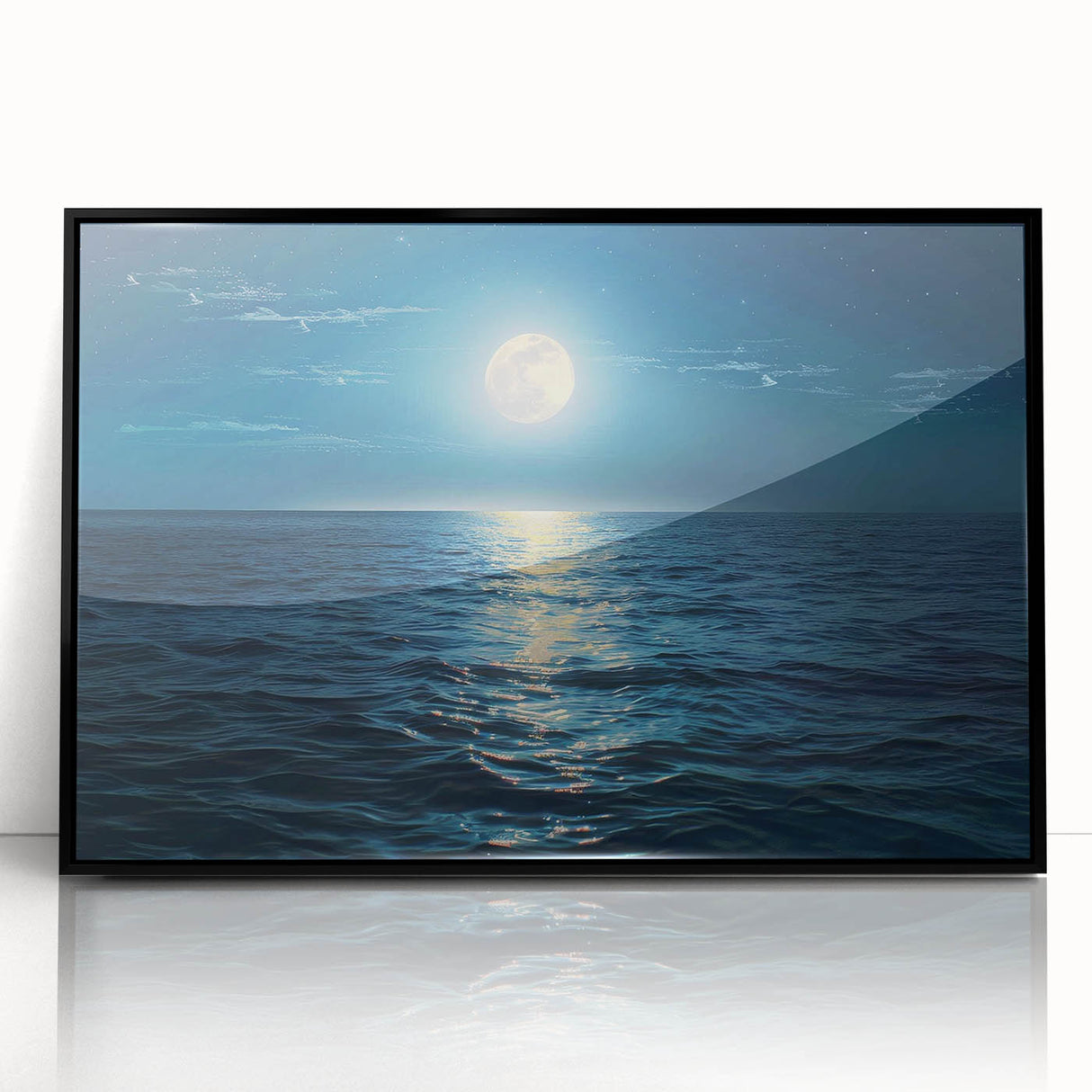 Framed wall art collection featuring serene seascape designs in acrylic, showcased in a sleek black frame, perfect for modern home decor. The artwork's vibrant colors and calming ocean imagery enhance any living space, making it an ideal choice for art enthusiasts.