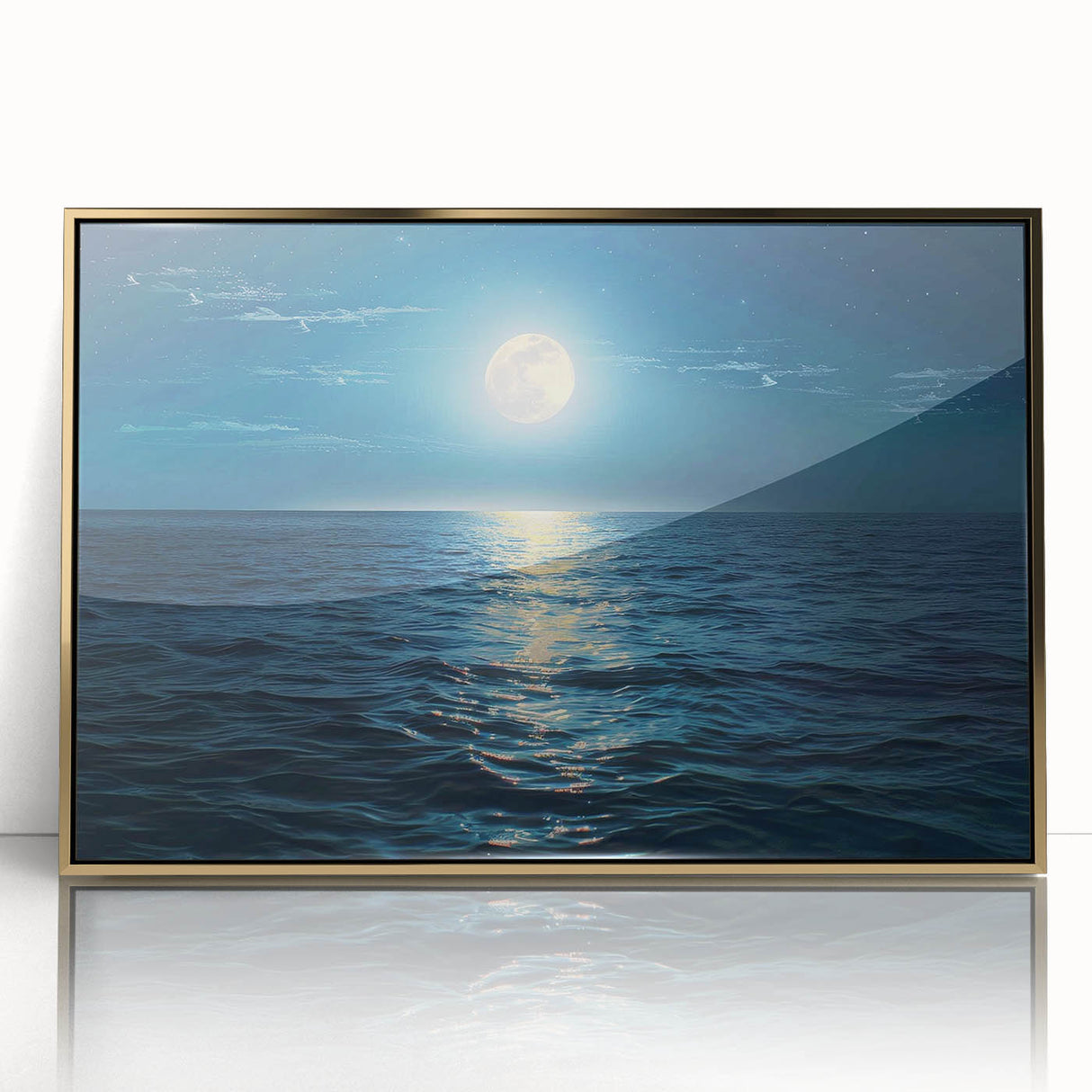 Framed acrylic wall art collection showcasing a stunning seascape design with golden accents, perfect for enhancing interior decor in modern homes.