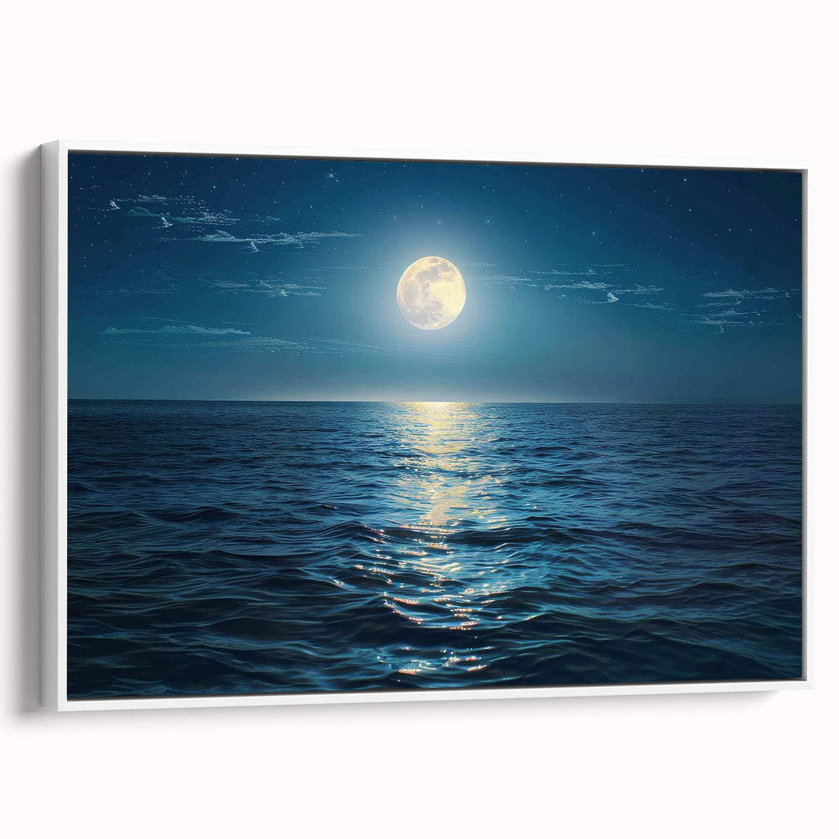 Framed canvas wall art collection showcasing serene seascapes and landscapes, featuring a white frame and a side view that highlights its elegant design. Perfect for enhancing home decor with nature-inspired themes.