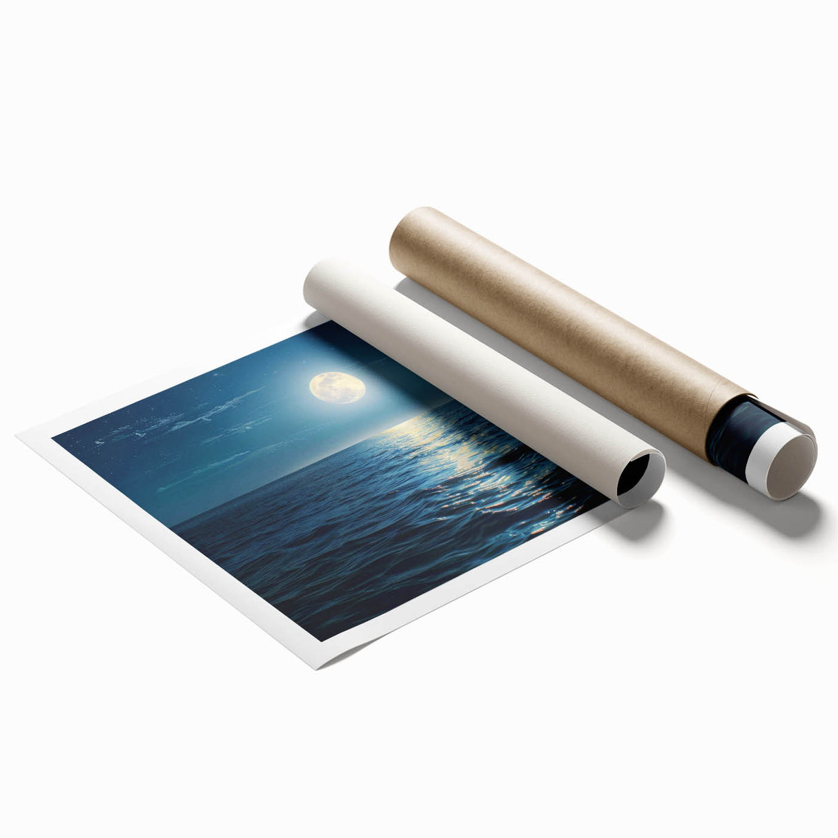 Rolled print showcasing a serene ocean landscape with vibrant blues and soft pastels, perfect for coastal decor. Ideal for adding tranquility to any room.