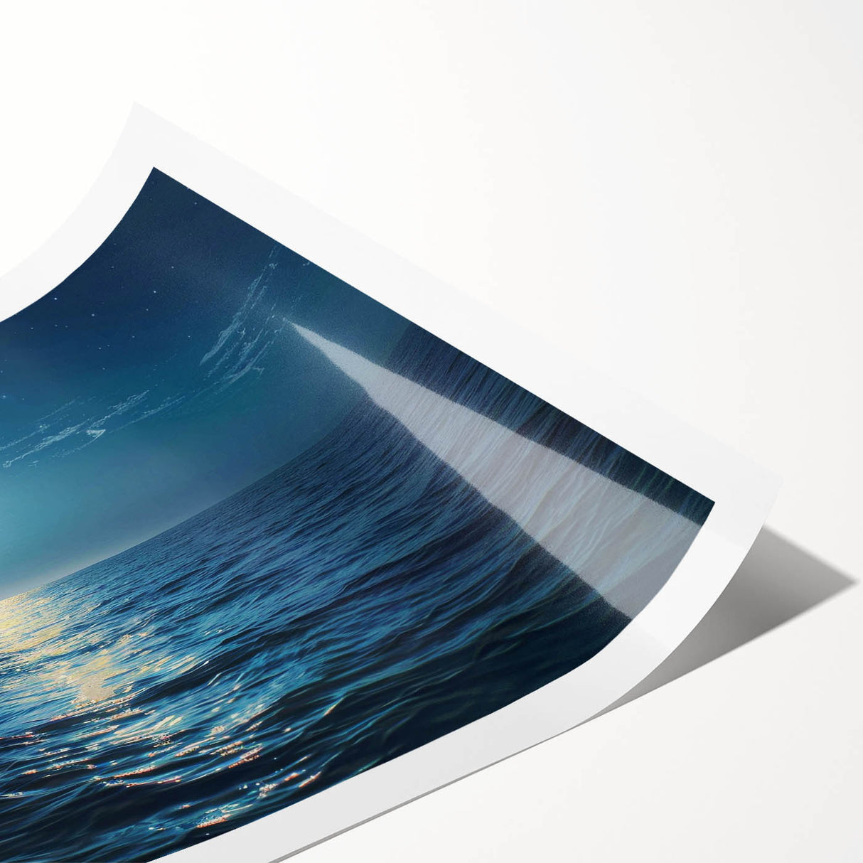 Rolled print showcasing a vibrant seascape design with waves and sunset colors, ideal for coastal decor. Perfect for adding a serene touch to any room.