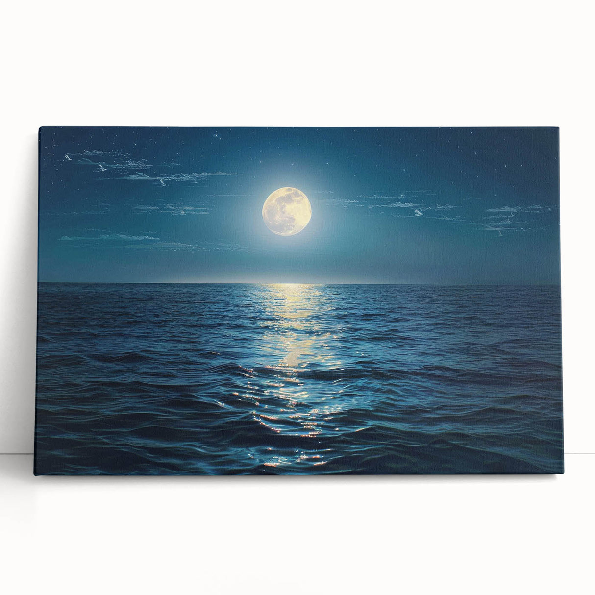 Stretched canvas wall art collection showcasing serene landscapes and vibrant seascapes, elegantly leaning against a wall, perfect for home decor enthusiasts.
