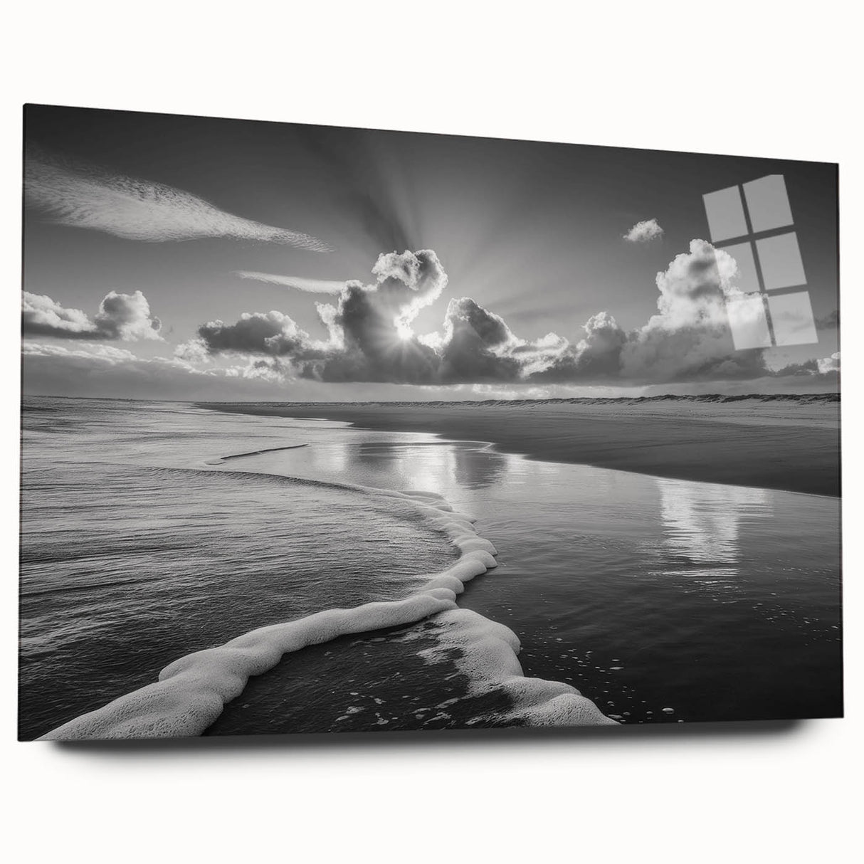 Acrylic glass wall art showcasing a vibrant seascape design, featuring vivid blues and greens, displayed from the side without pins, ideal for modern decor.