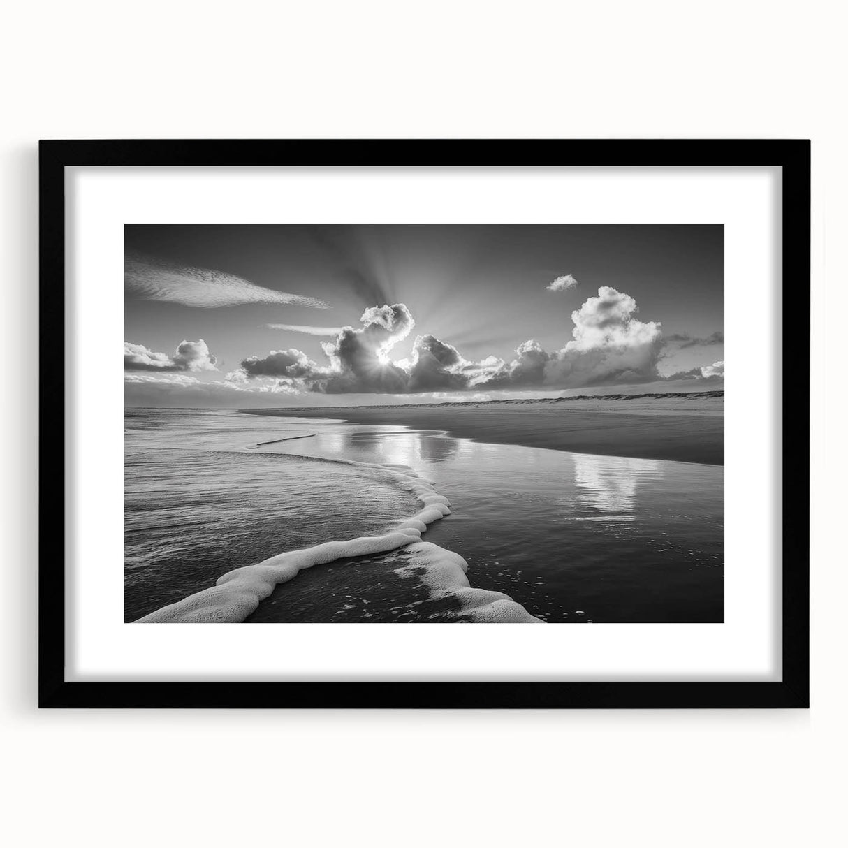 Framed black wall art showcasing a stunning seascape design with a white mat, perfect for coastal-themed home decor, displayed from the front view.