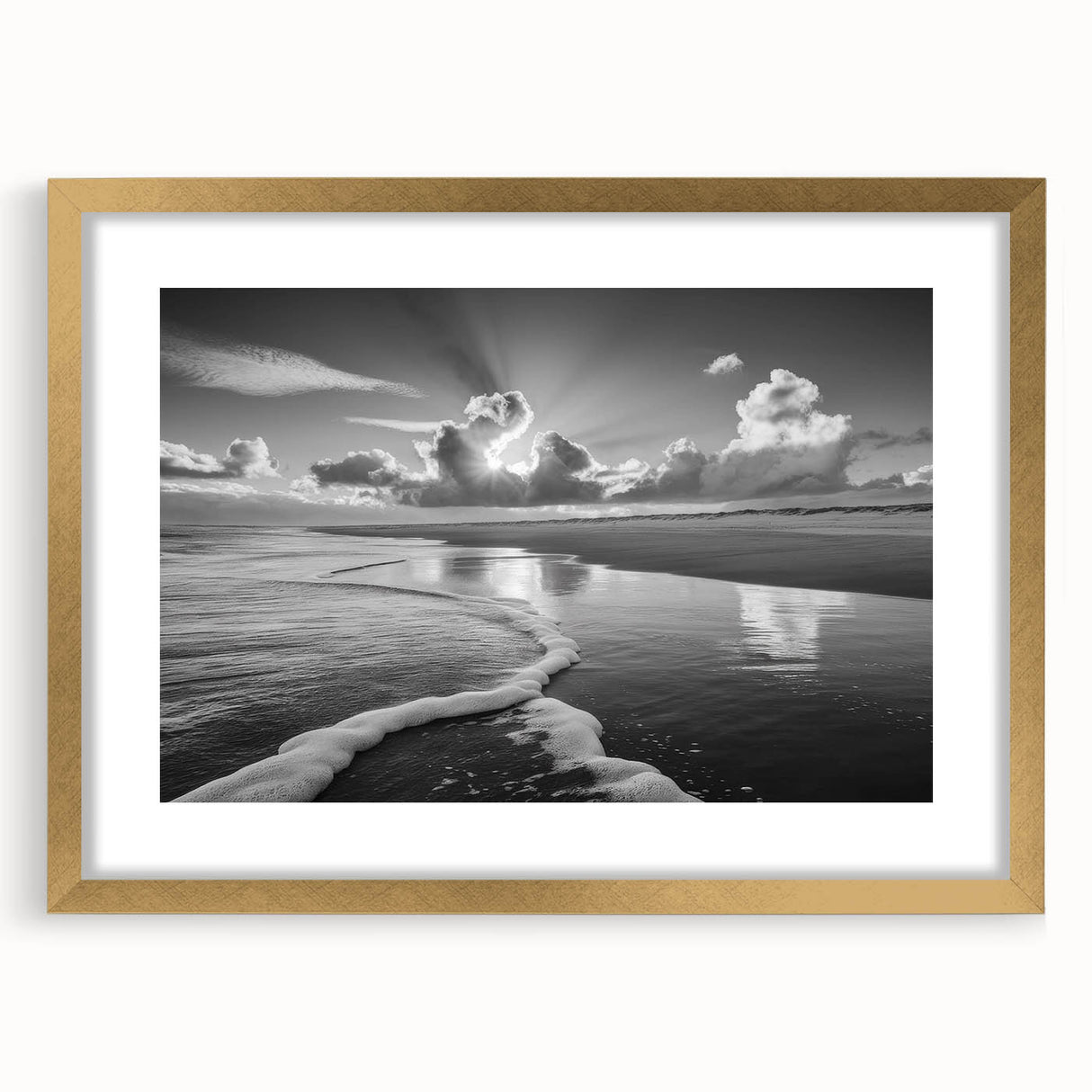 Framed wall art featuring a serene seascape design with a gold frame and mat, showcasing vibrant colors and intricate details, perfect for coastal home decor.