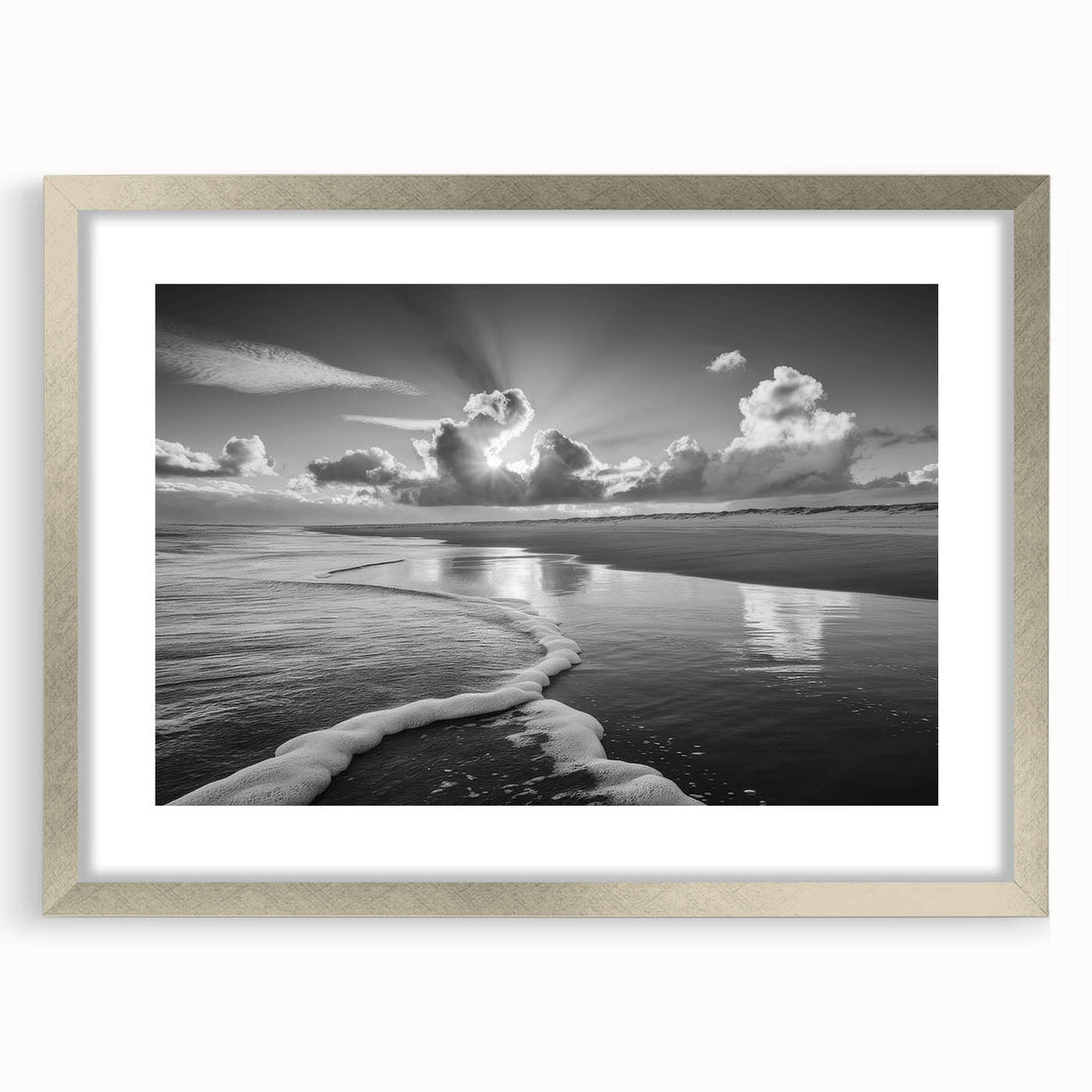 Elegant silver-framed wall art featuring a serene seascape design, complete with a white mat, perfect for enhancing modern home decor and coastal themes.