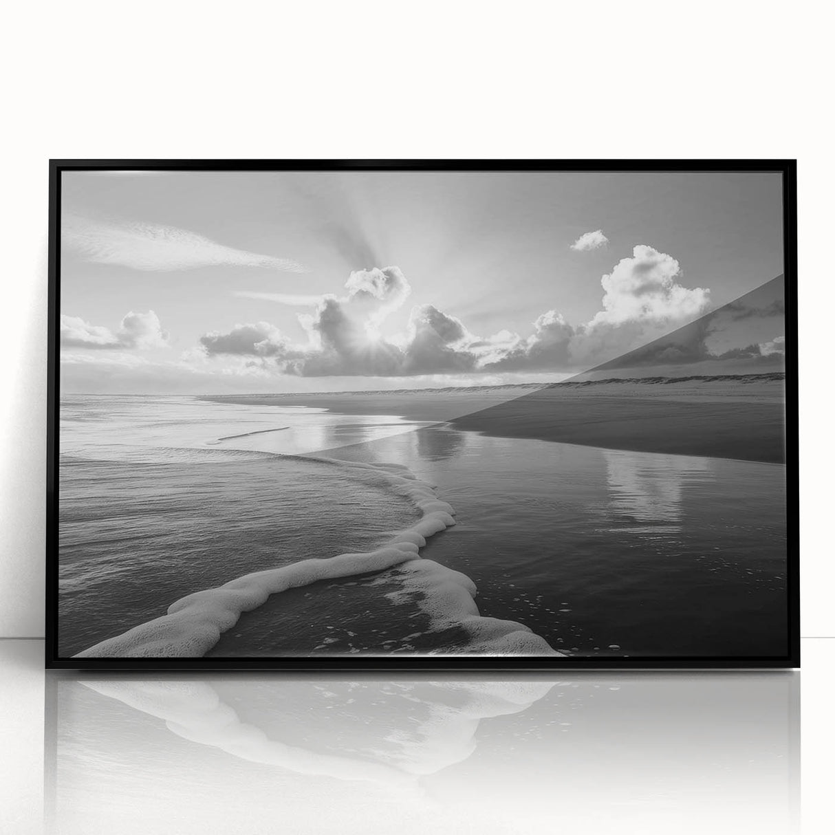 Framed wall art featuring a serene seascape design, showcasing vibrant blues and calming waves in acrylic, elegantly displayed with a black frame. Perfect for coastal-themed home decor.