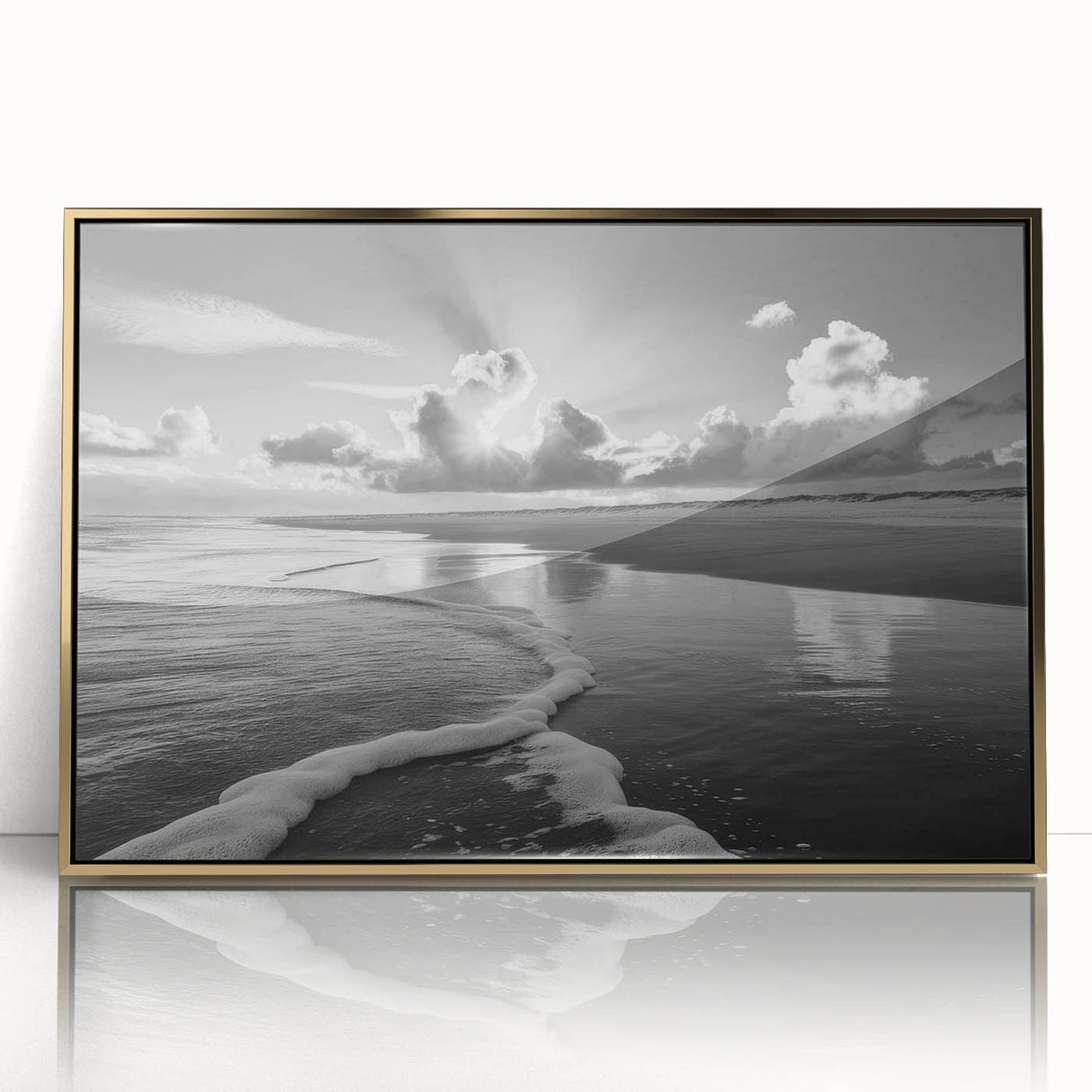Framed acrylic wall art featuring a stunning seascape design with gold accents, showcasing tranquil ocean waves and a serene sky, perfect for home decor.
