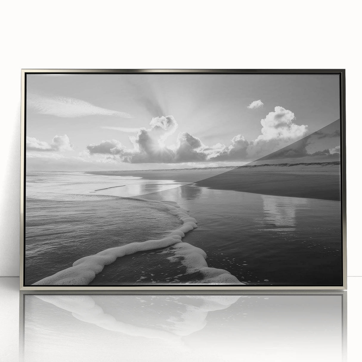 Framed wall art collection featuring a serene seascape design with soft blue and grey tones, elegantly displayed in a sleek silver frame for modern decor.