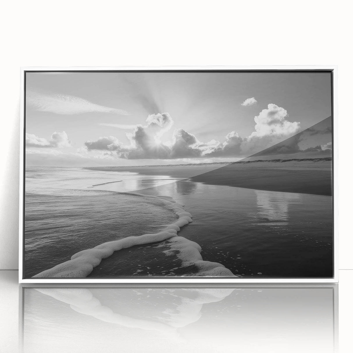 Framed acrylic wall art featuring a serene coastal landscape with vibrant blues and greens, showcasing a tranquil seascape design, perfect for modern home decor.