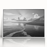 Framed acrylic wall art featuring a serene coastal landscape with vibrant blues and greens, showcasing a tranquil seascape design, perfect for modern home decor.