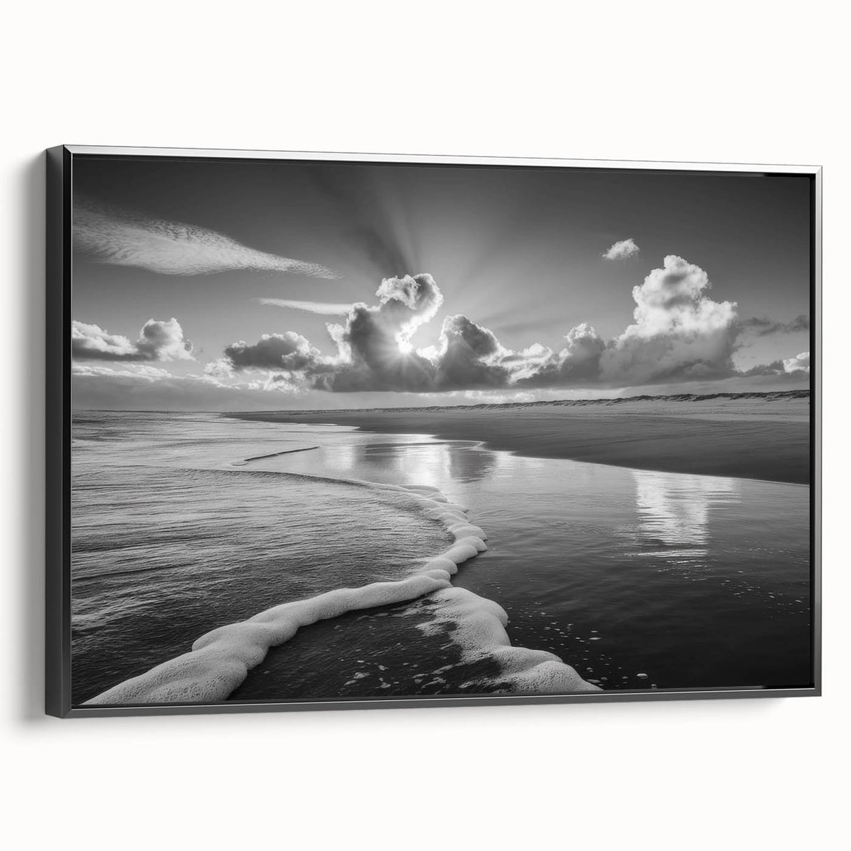 Framed canvas wall art showcasing a serene seascape design, featuring calming blue and white hues, ideal for home decor. The black frame adds elegance to any room.