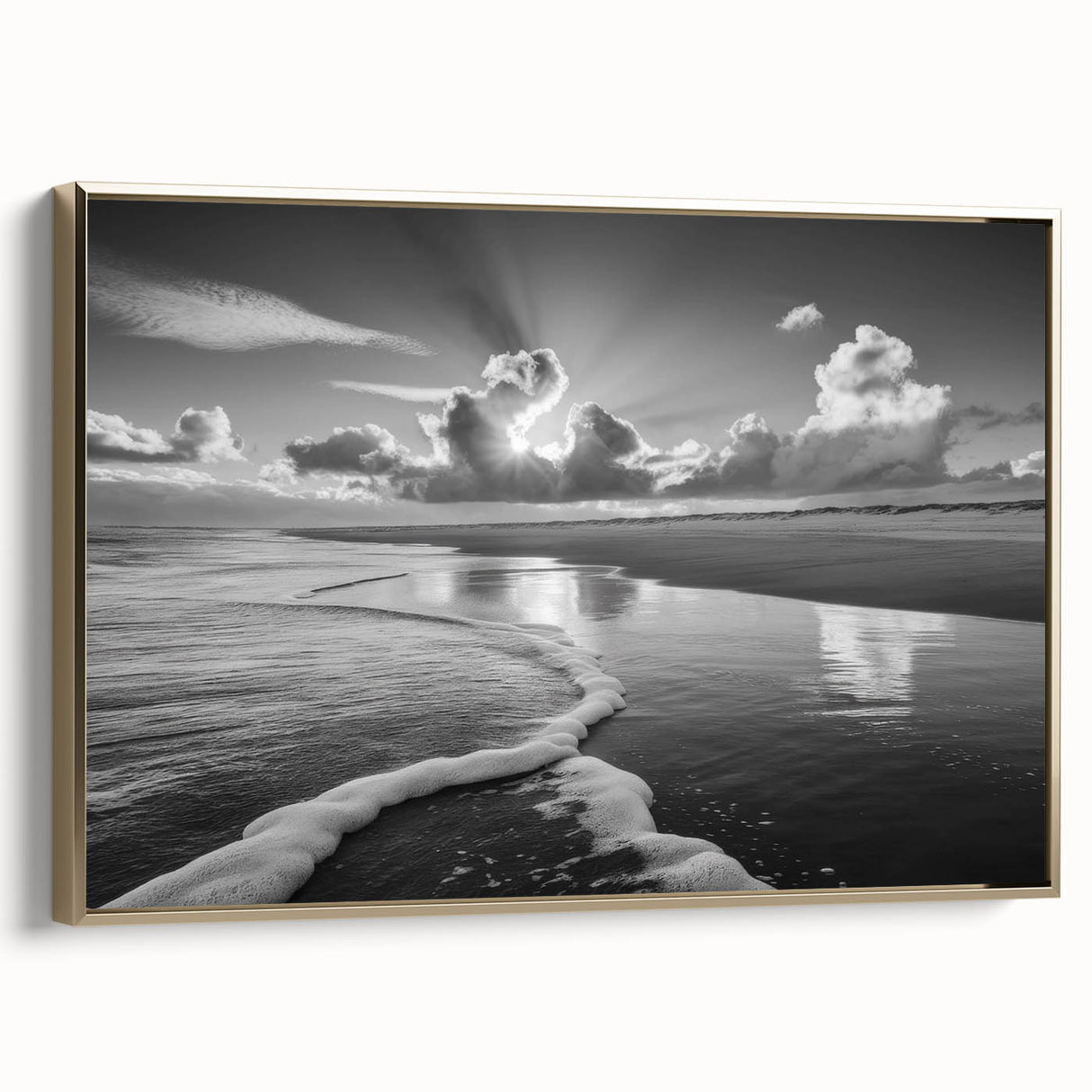 Framed canvas wall art showcasing a serene seascape with golden hues, perfect for coastal-themed decor. Side view highlights elegant frame details and texture.