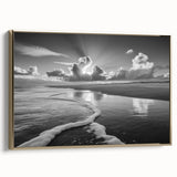 Framed canvas wall art showcasing a serene seascape with golden hues, perfect for coastal-themed decor. Side view highlights elegant frame details and texture.