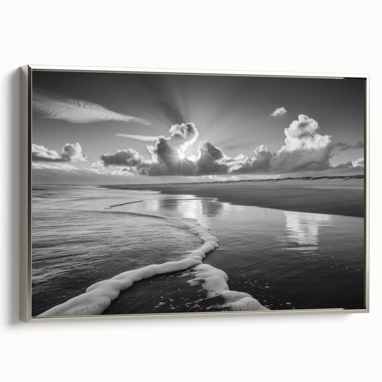 Framed canvas wall art showcasing a serene seascape design with elegant silver accents, positioned at a slight angle to highlight its texture and modern aesthetic. Ideal for coastal-themed decor, this stunning piece enhances any living space with its calming colors and artistic flair.