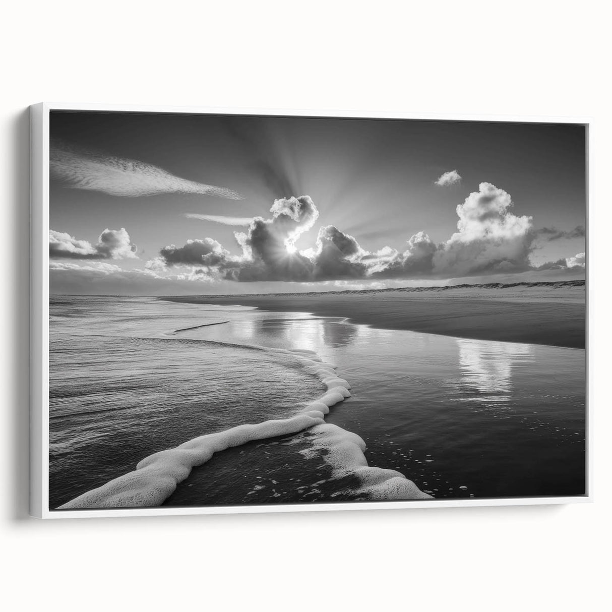 Framed canvas wall art showcasing a serene seascape design, featuring calming blue and white hues, perfect for coastal-themed interior decor.