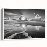 Framed canvas wall art showcasing a serene seascape design, featuring calming blue and white hues, perfect for coastal-themed interior decor.