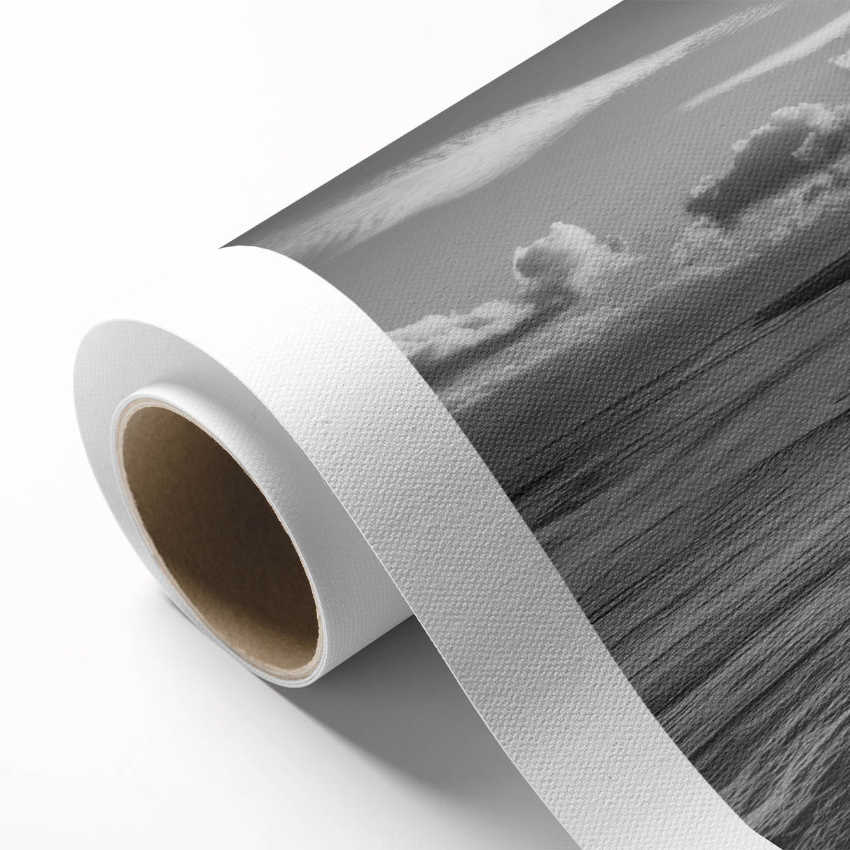 Rolled canvas showcasing a vibrant seascape design, featuring rich blues and greens, ideal for coastal decor. Packaged securely in a sturdy cardboard tube.