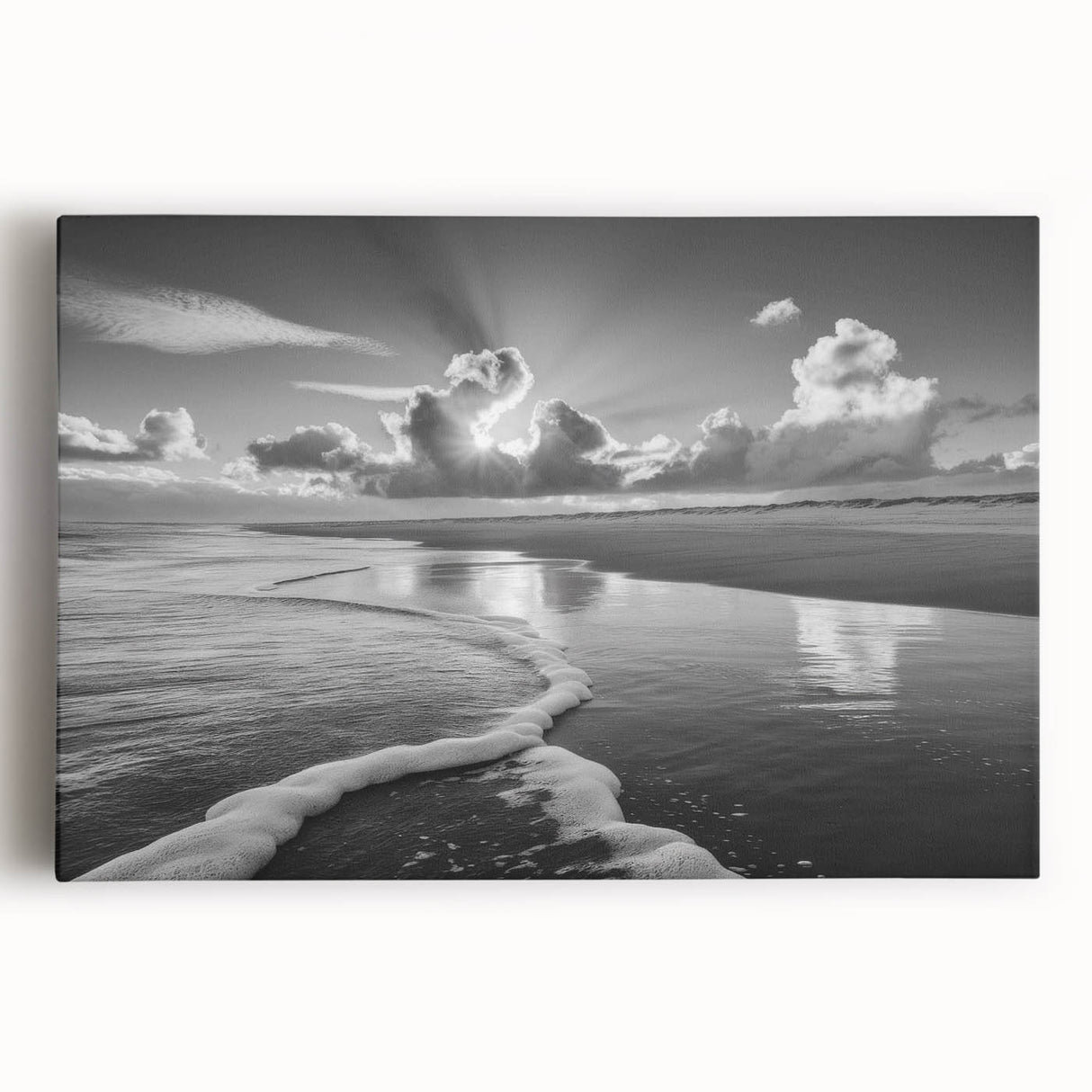 Stretched canvas wall art showcasing a vibrant seascape design, featuring deep blues and soft whites, ideal for enhancing coastal-themed interiors.