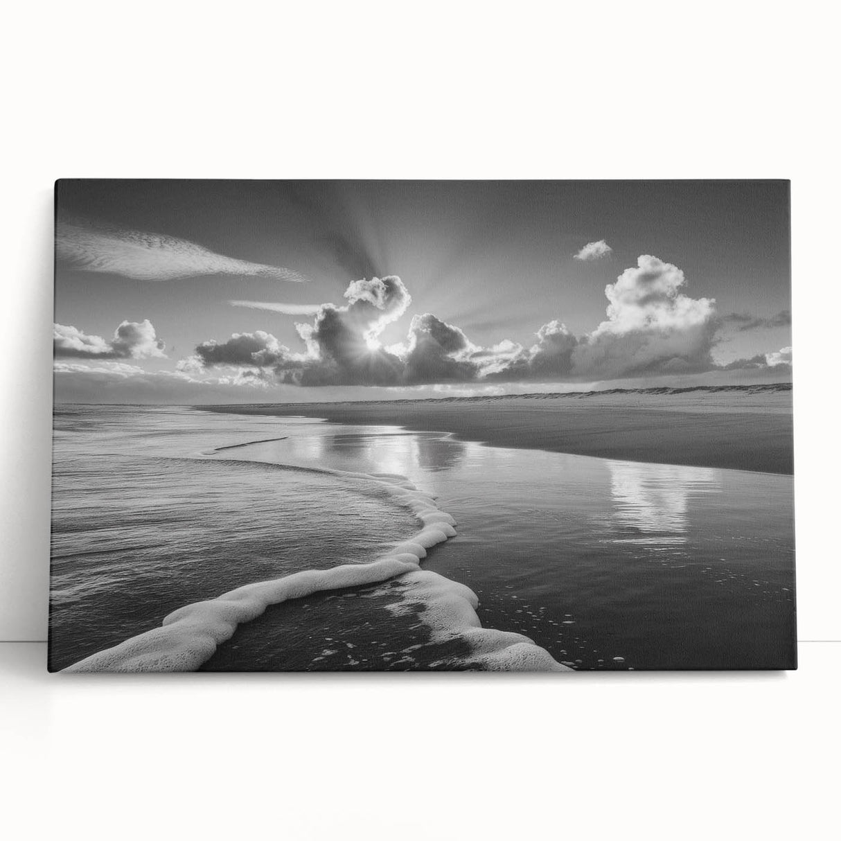 Stretched canvas wall art featuring serene seascape design with calming blues and greens, leaning against a modern white wall, perfect for coastal decor.
