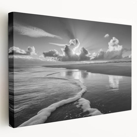 Stretched canvas wall art showcasing a vibrant seascape design with rich blues and greens, elegantly framed for a modern decor aesthetic, perfect for coastal-themed interiors.