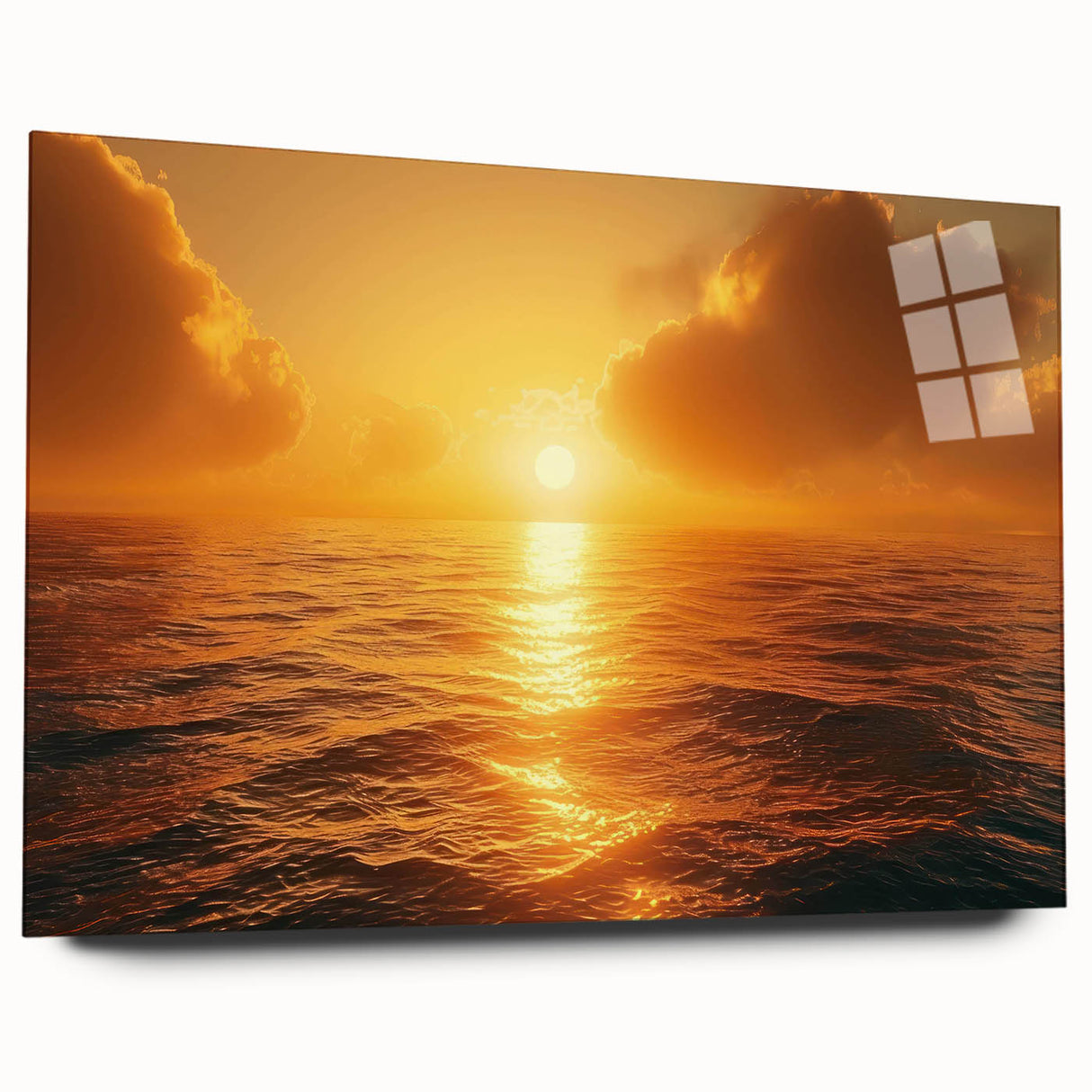 Acrylic glass wall art featuring a serene seascape design, showcasing vibrant blues and greens. This contemporary piece is elegantly displayed from a side view, emphasizing its sleek edges and modern aesthetic, perfect for adding tranquility to any room.