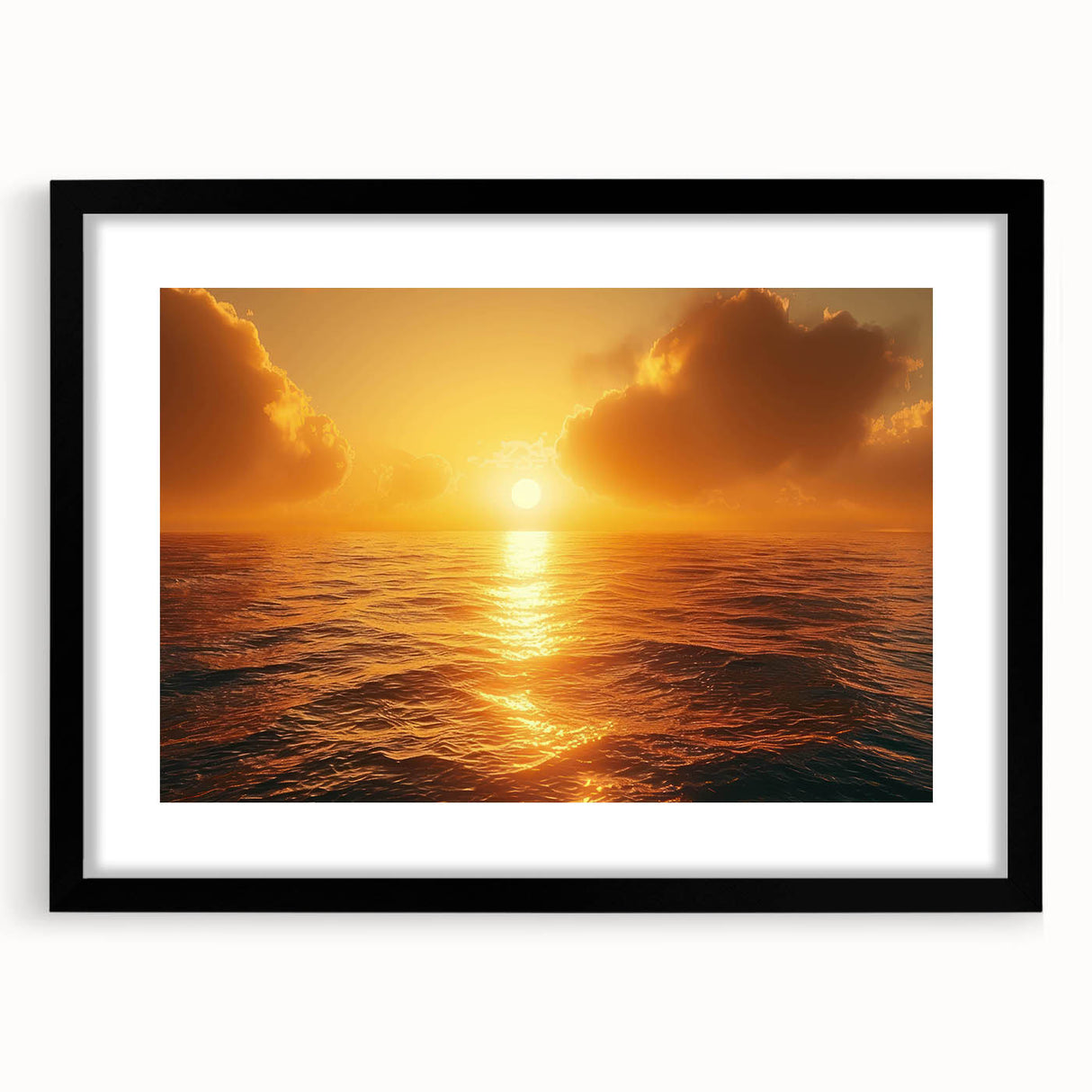 Framed wall art collection featuring a scenic seascape design with a black matting, showcasing vibrant colors and intricate details, perfect for home decor.
