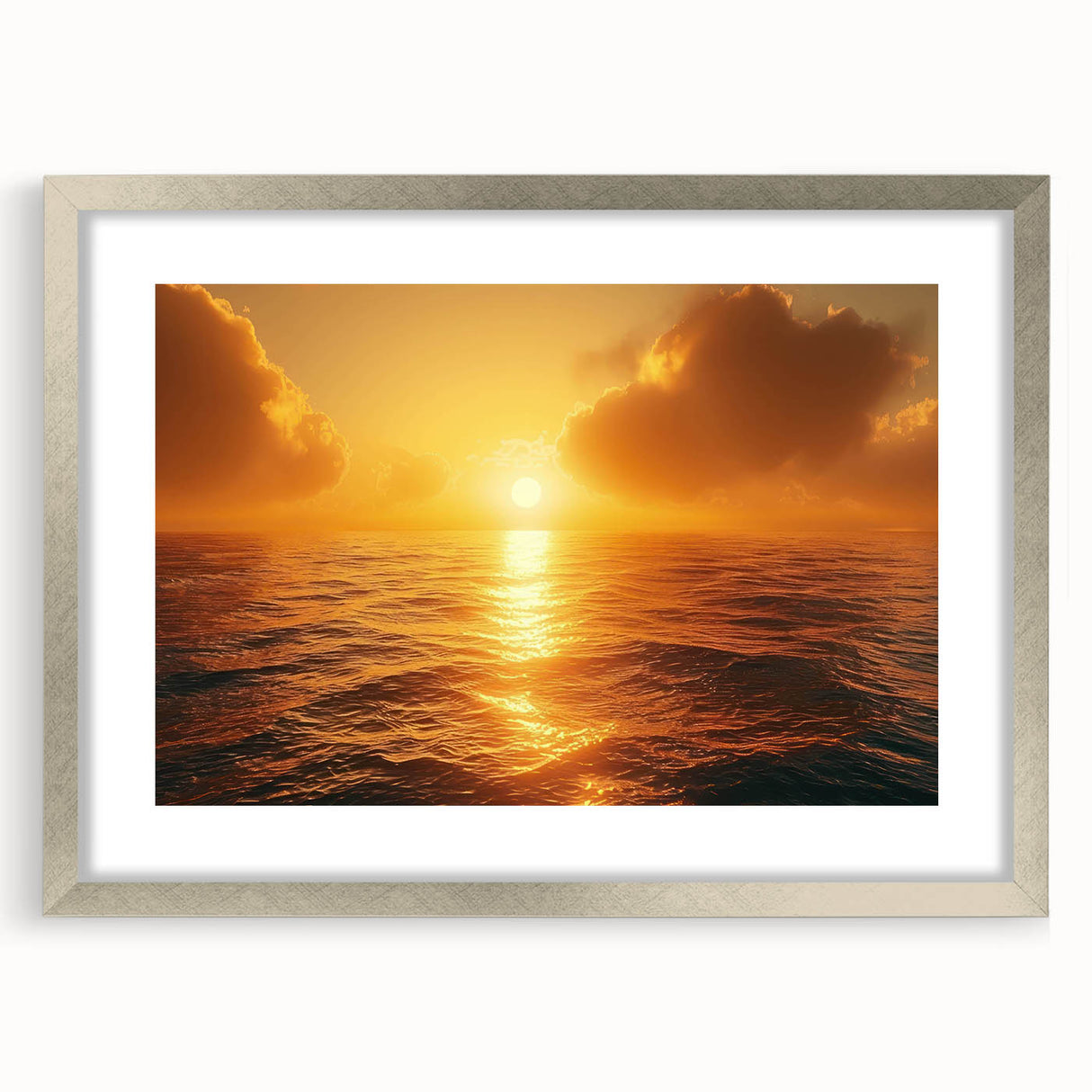 Framed silver wall art with a mat, showcasing a serene seascape design, perfect for modern home decor. Ideal for adding a calming coastal touch to any room.